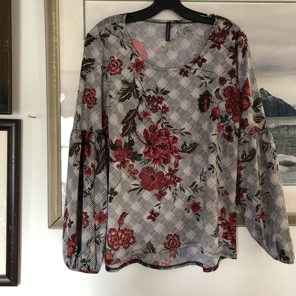 Bleeker & Mcdougal Black Red Plaid Floral Long Sleeve Blouse Women's Sz M A3210